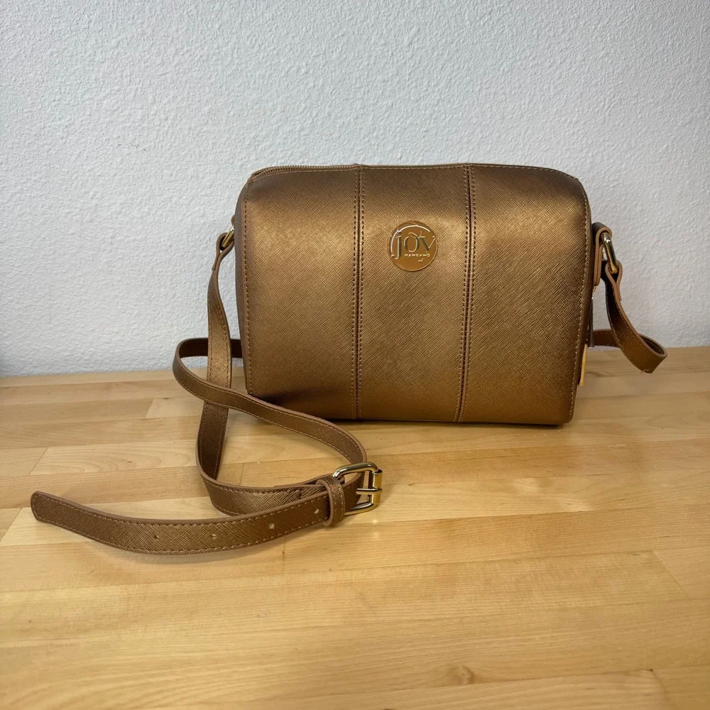 Joy‎ Mangano Bronze Metallic Saffiano Crossbody Bag RFID Organizer Gold Hardware